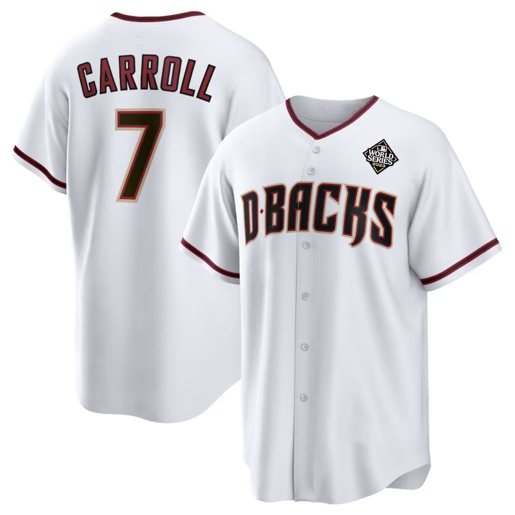 Arizona Diamondbacks #7 Corbin Carroll White MASONITE 2023 World Series Cool Base Stitched Jersey 2