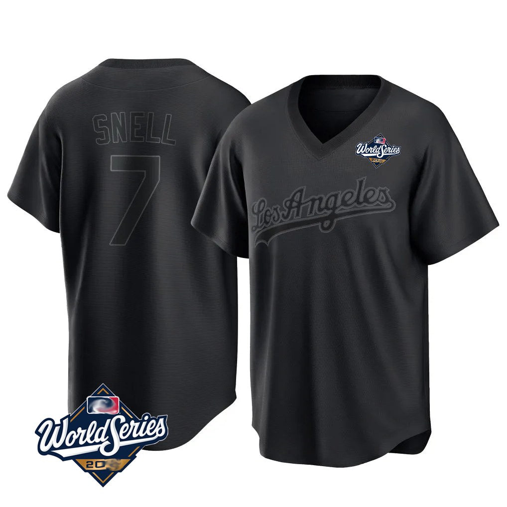 Los Angeles Dodgers #7 Blake Snell Player Black MASONITE Pitch Fashion World Series T-shirt Stitched Jerseys