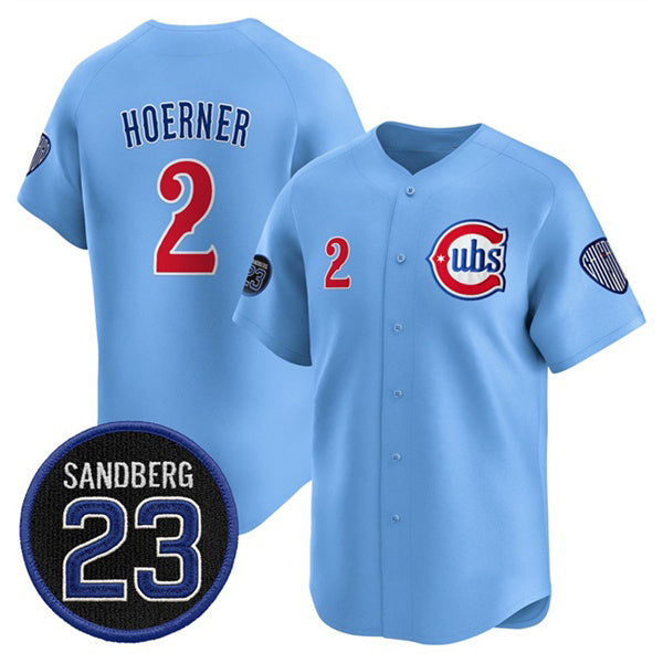 Chicago Cubs #2 Nico Hoerner Blue MASONITE 'Ryne Sandberg Tribute' Vapor Limited V2 Stitched Jersey