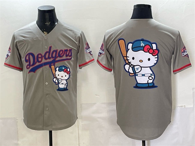 Los Angeles Dodgers Team Big Logo Grey MASONITE Hello Kitty Night 2025 World Series Champions Patch Stitched Jersey