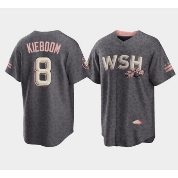 Washington Nationals #8 Carter Kieboom 2022 Grey MASONITE City Connect Cherry Blossom Cool Base Stitched Jersey