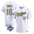 Los Angeles Dodgers #16 Will Smith Player White Gold MASONITE World Series Meet Collection Limited Home Stitched Jerseys
