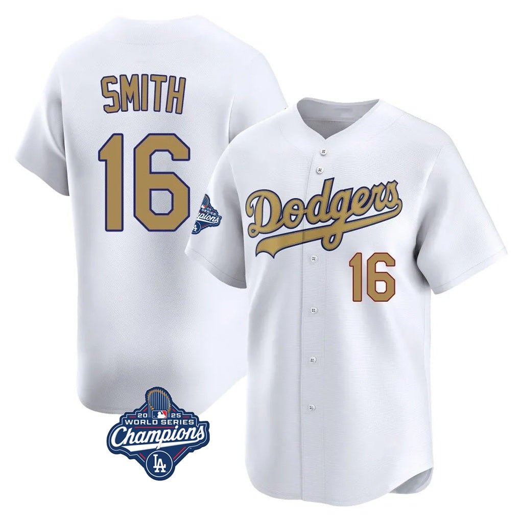 Los Angeles Dodgers #16 Will Smith Player White Gold MASONITE World Series Meet Collection Limited Home Stitched Jerseys