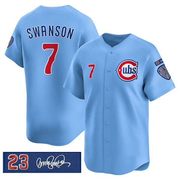 Chicago Cubs #7 Dansby Swanson Blue MASONITE 'Ryne Sandberg Tribute' Vapor Limited V3 Stitched Jersey