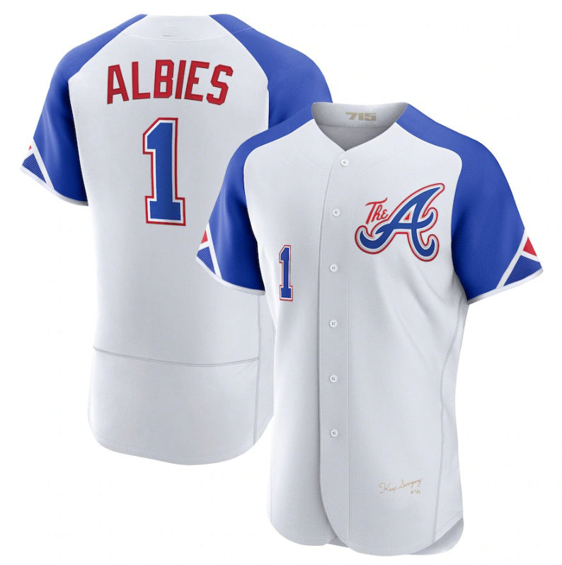 Atlanta Braves #1 Ozzie Albies White MASONITE 2023 City Connect Flex Base Stitched Jersey