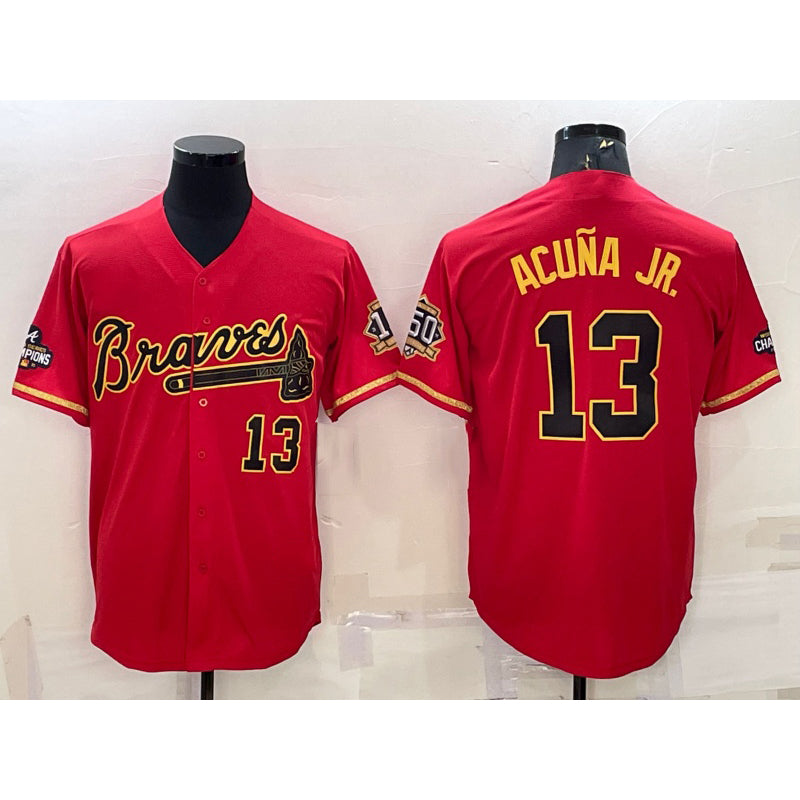 Atlanta Braves #13 Ronald Acuna Jr Red Gold MASONITE World Series Champions Program Cool Base Stitched Jersey