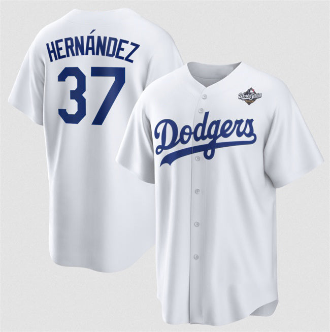 Los Angeles Dodgers #37 Teoscar Hern¨¢ndez White MASONITE 2025 World Series Home Cool Base Stitched Jersey