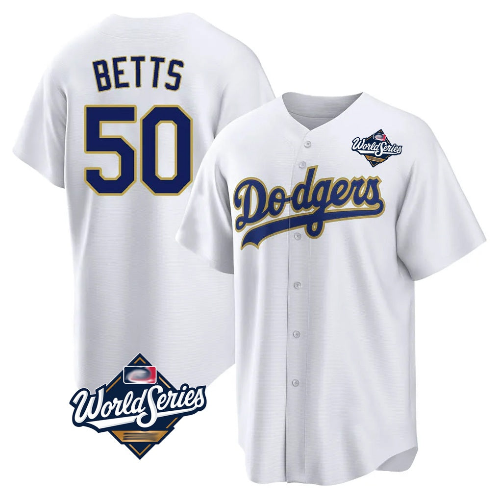 Los Angeles Dodgers #50 Mookie Betts Player Gold White MASONITE World Series 2026 Collection Stadium Game Stitched Jerseys