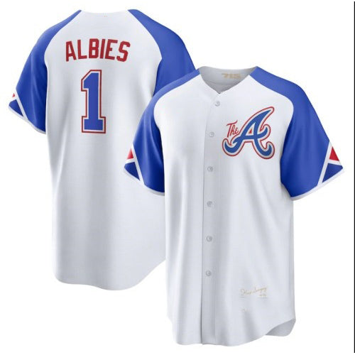 Atlanta Braves #1 Ozzie Albies White MASONITE 2023 City Connect Cool Base Stitched Jersey