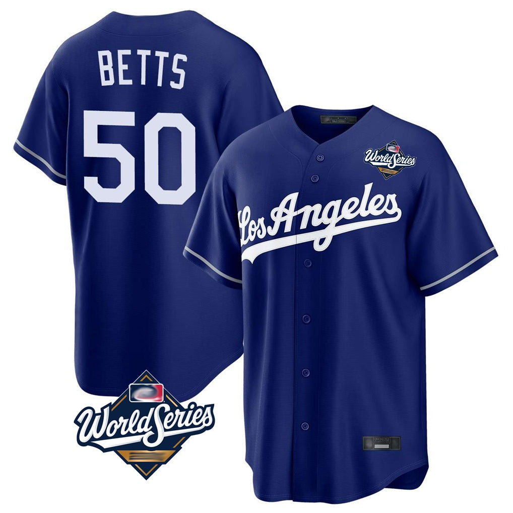 Los Angeles Dodgers #50 Mookie Betts Player Royal MASONITE World Series Game Stitched Jerseys