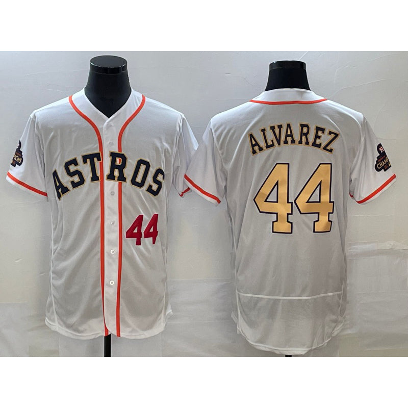 Houston Astros #44 Yordan Alvarez Number 2023 White Gold MASONITE World Serise Champions Patch Flex Base Stitched Jersey
