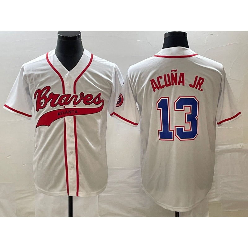 Atlanta Braves #13 Ronald Acuna Jr White MASONITE Cool Base With Patch Stitched Jersey
