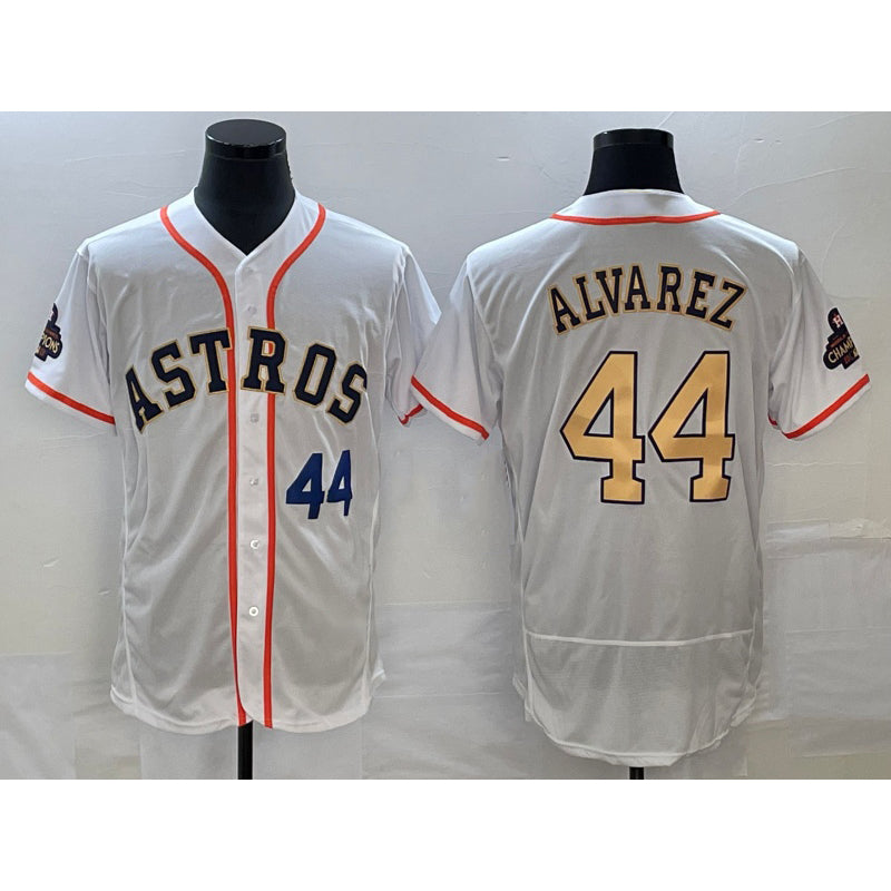 Houston Astros #44 Yordan Alvarez Number 2023 White Gold MASONITE World Serise Champions Patch Flex Base Stitched Jersey 3