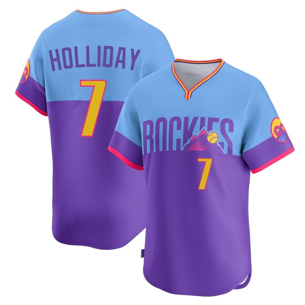 Colorado Rockies #7 Matt Holliday Player Purple-Light Blue MASONITE City Connect Limited Home T-shirt Stitched Jerseys