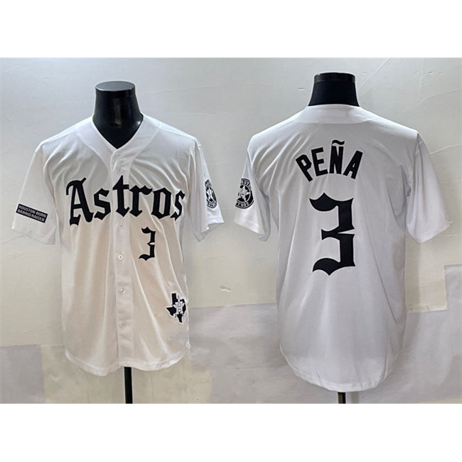 Houston Astros #3 Jeremy Pena White MASONITE Gothic 'Houston Born Barrio Raised' Limited Stitched Jersey