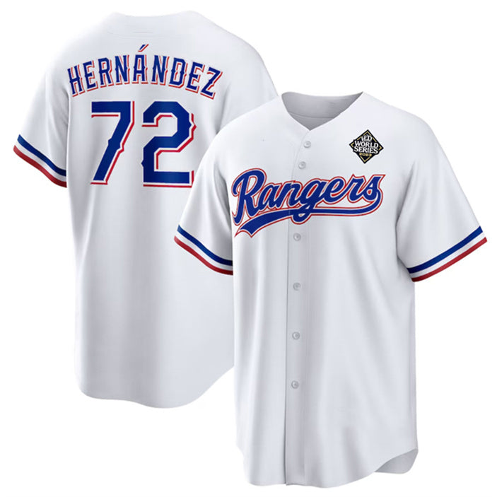 Texas Rangers #72 Jonathan Hern¨¢ndez White MASONITE 2023 World Series Stitched Jersey